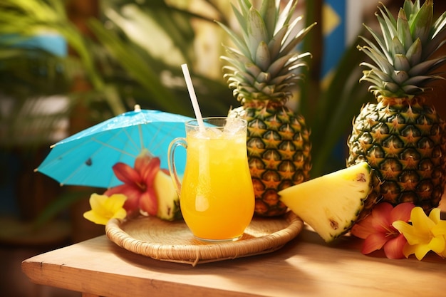 Uma mesa de brunch com tema tropical com copos de suco de abacaxi