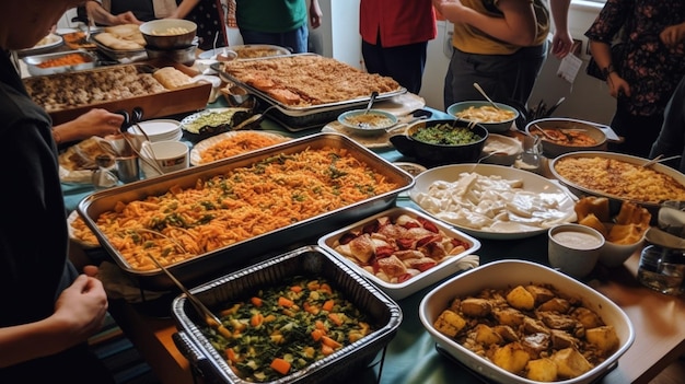 Uma mesa de buffet cheia de comida, incluindo uma variedade de alimentos.