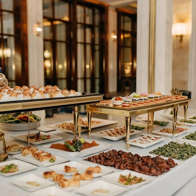 Uma mesa de buffet cheia de comida num hotel de luxo.