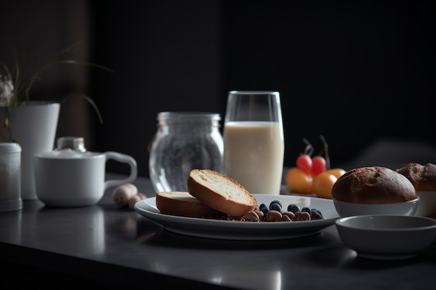 Uma mesa de café da manhã com um copo de leite e um prato de pão e um copo de leite.