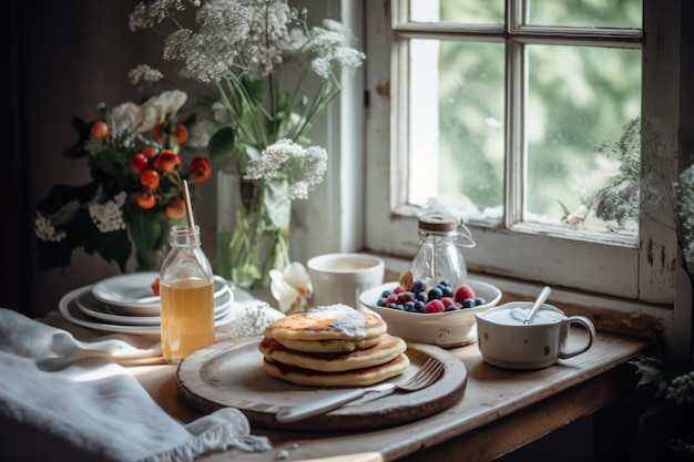 Uma mesa de café da manhã com um prato de panquecas e uma tigela de iogurte.