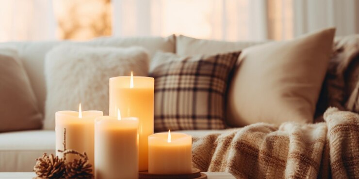 Foto uma mesa de café simples e convidativa com velas e um cobertor perfeito para criar uma atmosfera quente e aconchegante