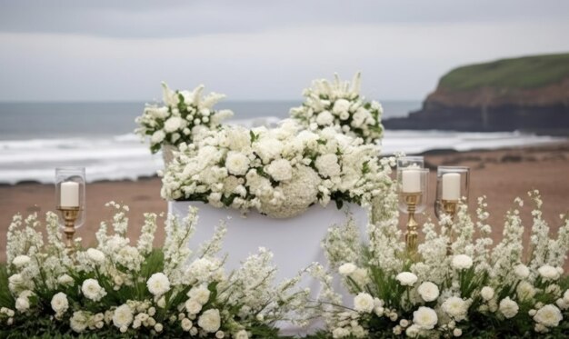 Uma mesa de casamento com flores e um penhasco ao fundo