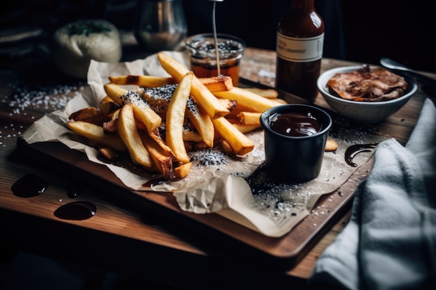 Uma mesa de comida com uma garrafa de ketchup