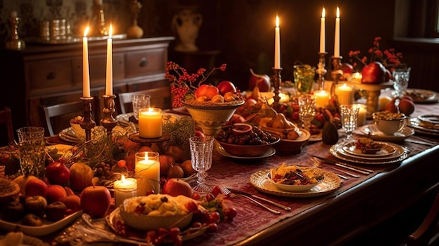 Uma mesa de comida com velas