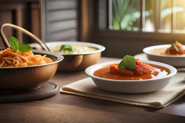 Uma mesa de comida incluindo massas e molhos