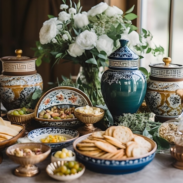 Uma mesa de comida, incluindo um prato de estilo grego com um padrão grego.