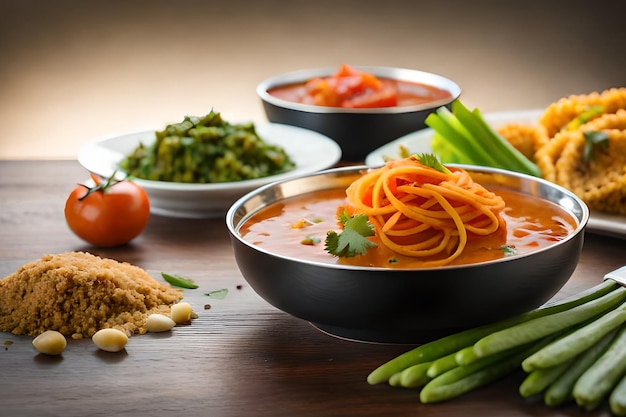 Uma mesa de comida, incluindo uma tigela de espaguete e uma tigela de curry.