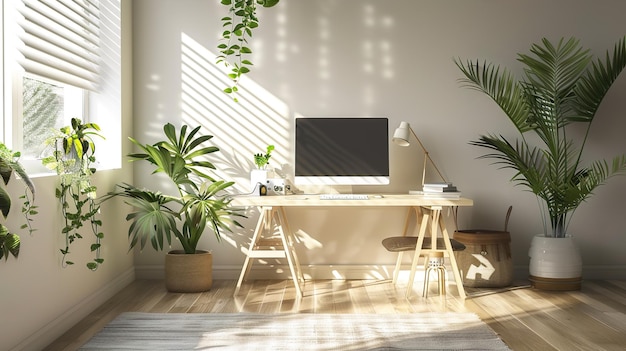 Uma mesa de computador com planta no canto