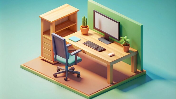 Foto uma mesa de computador com um computador e uma planta na mesa