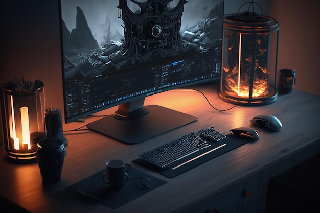 Uma mesa de computador com um monitor e um mouse que diz 'dark souls'