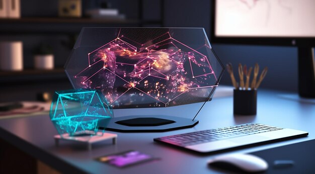 Uma mesa de computador com uma tela de vidro que diz "digital"