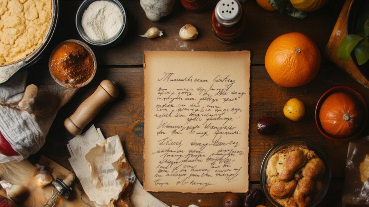 Foto uma mesa de cozinha rústica com ingredientes e uma receita manuscrita