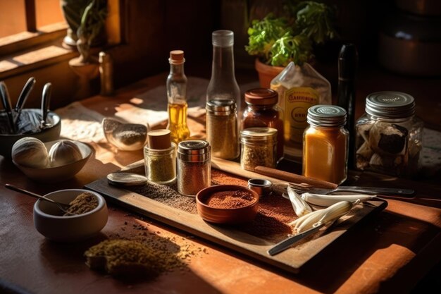 uma mesa de cozinha temperos publicidade profissional fotografia de alimentos