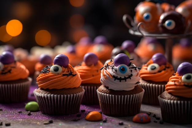 Uma mesa de cupcakes com uma barra de chocolate e um olho azul em cima.