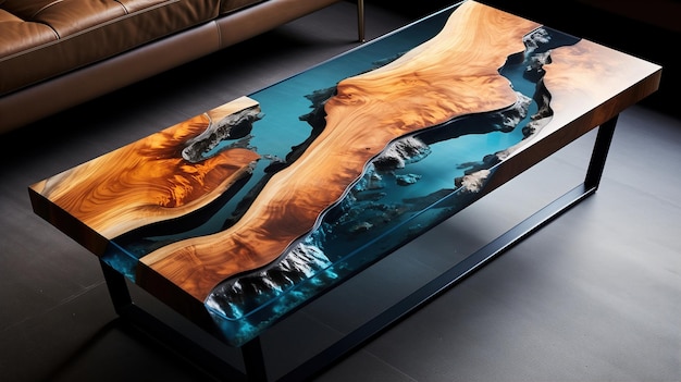 Uma mesa de design deslumbrante feita de madeira maciça e resina epóxi colorida A mesa é uma adição bonita e elegante para qualquer casa ou escritório