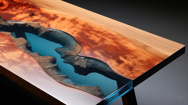 Uma mesa de design deslumbrante feita de madeira maciça e resina epóxi colorida A mesa é uma adição bonita e elegante para qualquer casa ou escritório