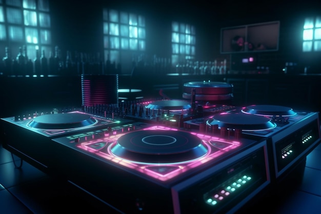 Uma mesa de DJ com luzes neon