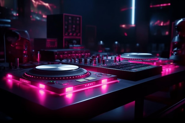 Uma mesa de DJ com uma luz vermelha que diz 'dj'on