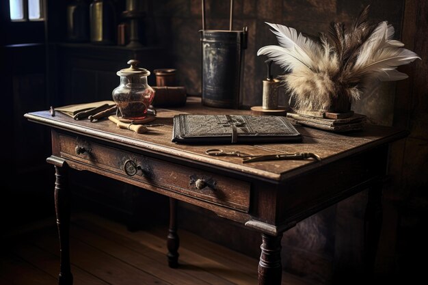 Foto uma mesa de escrita em estilo colonial com uma pena de pena e tinta