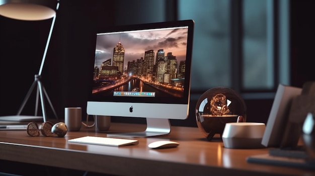 Uma mesa de escritório moderna com mesa na tela do computador pessoal no papel de parede