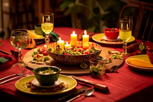 Uma mesa de festa festiva com salsa de guacamole e decorações coloridas