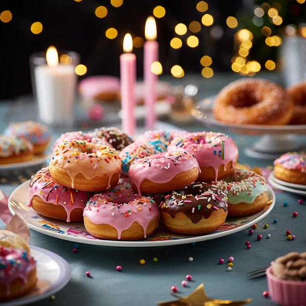 uma mesa de festa festiva com uma bandeja de donuts com gelo colorido e decorações