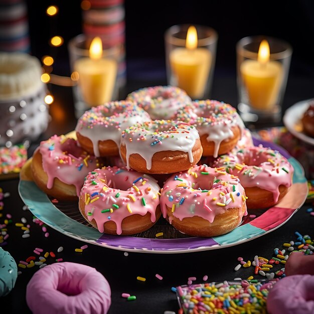 uma mesa de festa festiva com uma bandeja de donuts com gelo colorido e decorações