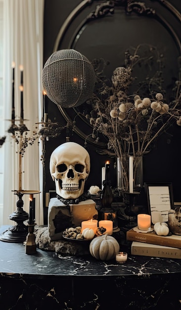 Foto uma mesa de halloween com velas, caveiras e abóboras na peça central é cercada por um arranjo de flores secas