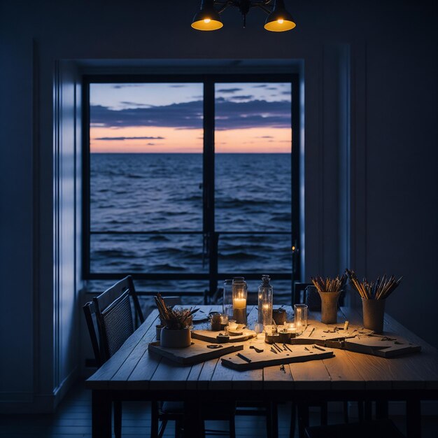 Uma mesa de jantar com vista panorâmica para o mar