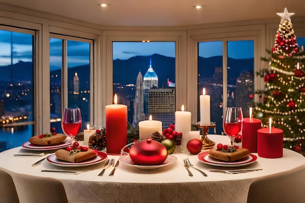 Uma mesa de jantar com vista para a cidade e decorações de natal