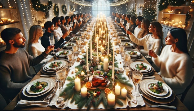 Uma mesa de jantar de Ano Novo elegantemente decorada AI Generative