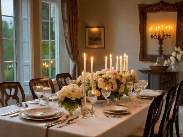 Uma mesa de jantar elegantemente colocada com uma cadeira vazia adornada com velas flores e louças finas o fundo exala uma atmosfera aconchegante e íntima