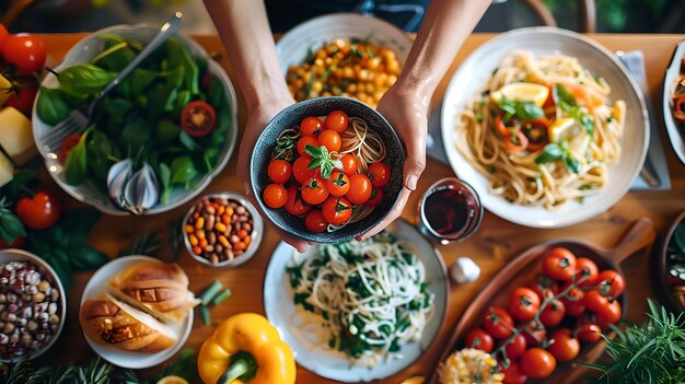 Uma mesa de jantar vibrante com produtos frescos e pratos de macarrão, ideal para blogs e revistas de comida.