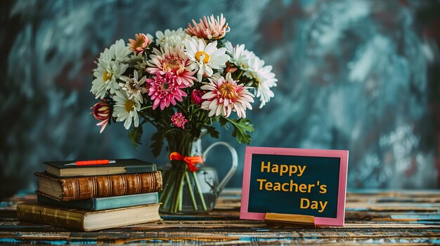 Foto uma mesa de madeira adornada com um aglomerado de flores de crisântemo e uma série de livros em gratidão ao dia dos professores e ao espaço