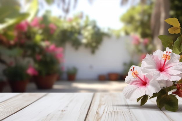 Uma mesa de madeira branca com uma flor