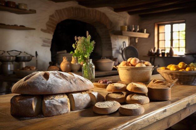 Foto uma mesa de madeira cheia até a borda com uma variedade de deliciosos pães cozinha de campo aconchegante com pão fresco arrefecimento em uma bancada de madeira ai gerado