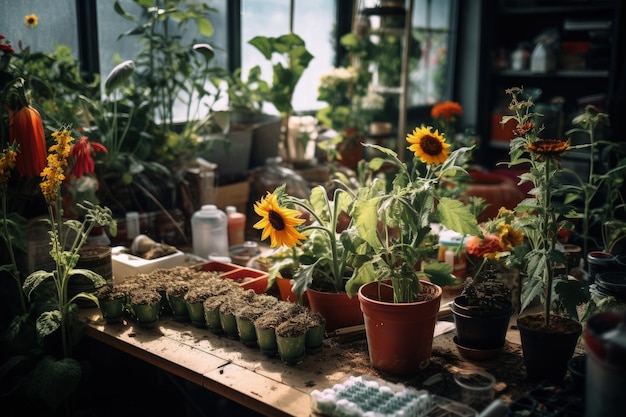 Uma mesa de madeira coberta com muitas plantas em vaso