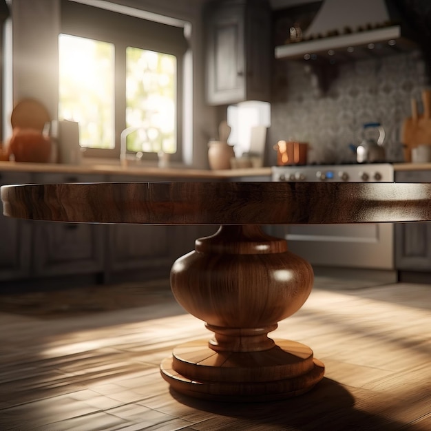 Uma mesa de madeira com base redonda em uma cozinha.
