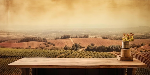 Foto uma mesa de madeira com campos de vinha no estilo de paisagens italianas