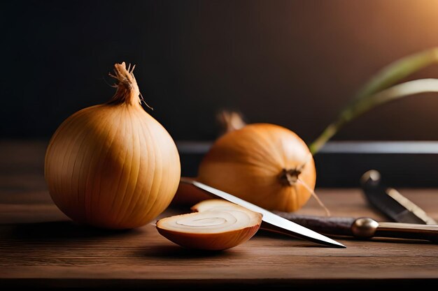 Uma mesa de madeira com cebolas e uma faca sobre ela