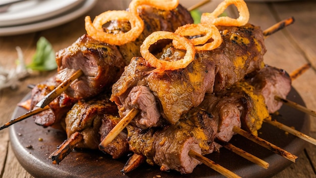 uma mesa de madeira com comida e um prato de comida