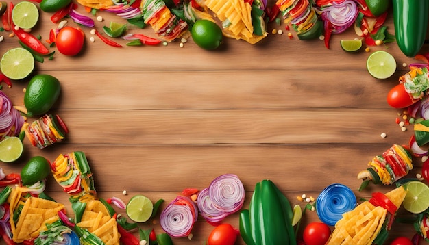 uma mesa de madeira com comida e vegetais