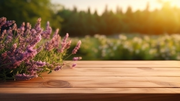 Uma mesa de madeira com flores de lavanda