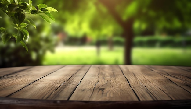 Uma mesa de madeira com folhas verdes ao fundo