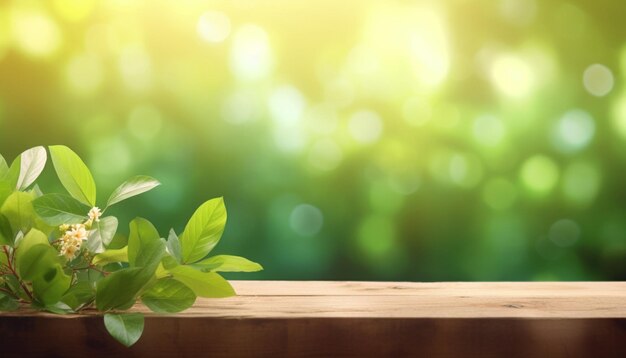 Uma mesa de madeira com folhas verdes e uma planta sobre ela