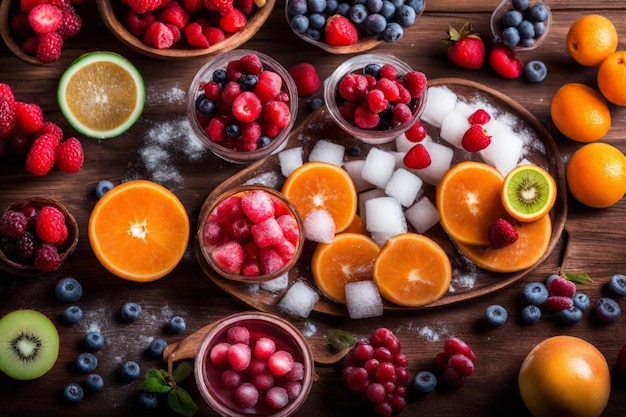 uma mesa de madeira com frutas, bagas e gelo