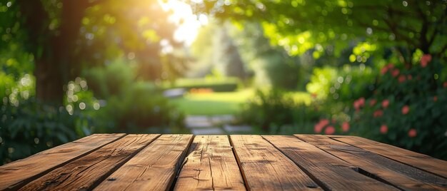 Uma mesa de madeira com fundo de natureza para fotografia de produtos um modelo de fotografia natural IA geradora