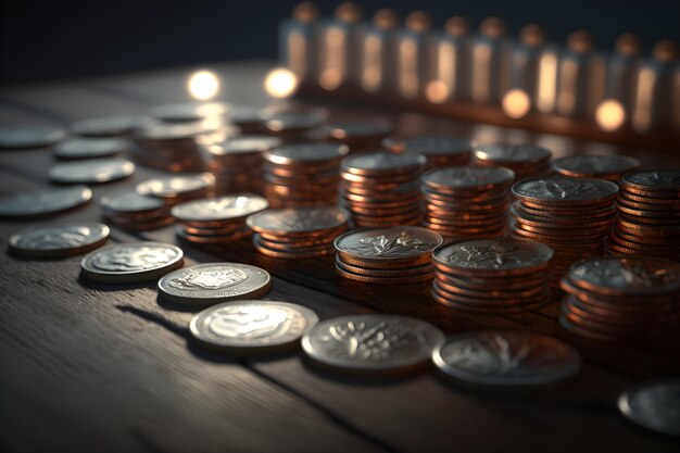 Foto uma mesa de madeira com pilhas de moedas fechadas