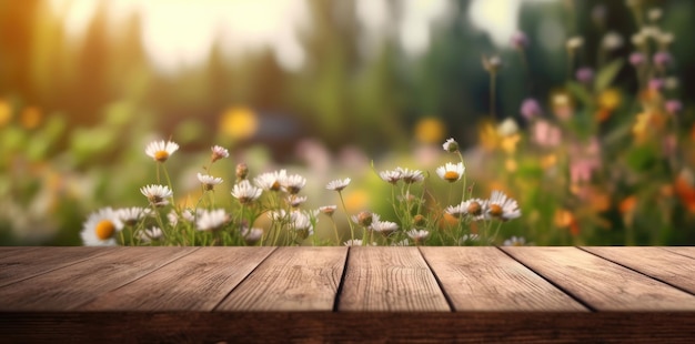 Uma mesa de madeira com um campo de flores ao fundo